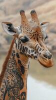 Unique close-up of a giraffe showcasing intricate patterns and markings in a natural habitat at sunset photo