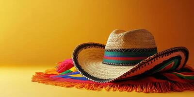 Colorful sombrero and vibrant tablecloth on a warm yellow backdrop create a festive atmosphere for cultural celebrations photo