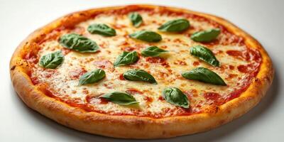 Freshly baked margherita pizza topped with basil leaves on a clean white surface photo