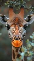 Giraffe gazing through foliage in a natural habitat at sunset highlighting its unique facial features photo