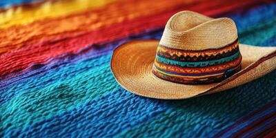 Colorful sombrero resting on a bright textile with intricate patterns in a vibrant setting photo