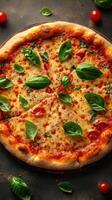 Freshly baked pizza topped with basil and cherry tomatoes on a dark background photo