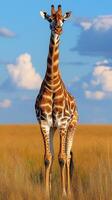 Giraffe stands tall in golden grassland under blue sky with clouds during late afternoon light photo