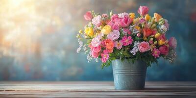 Bright and colorful floral arrangement in a rustic metal bucket on a wooden table with soft lighting photo