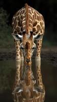 Giraffe drinks from a waterhole at dusk in a serene wilderness setting near a lush forest photo