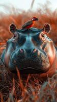 Hippo resting with a bird on its head in a vibrant grassy landscape during sunset photo