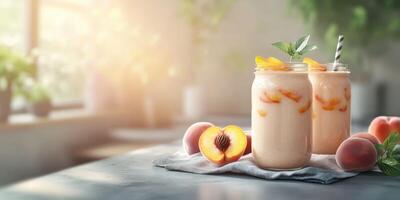 Refreshing peach smoothies served in jars with fresh peaches on a kitchen counter in bright morning light photo