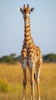 Giraffe stands tall in golden grass under a clear blue sky during the afternoon in an African savanna photo