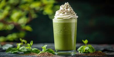 Creamy mint green beverage with whipped topping served in a glass on a dark surface surrounded by mint leaves photo