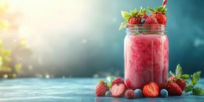 Refreshing strawberry smoothie served in a jar with fresh fruits and mint leaves on a vibrant background photo