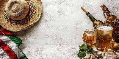 Celebratory Mexican fiesta setup with drinks, a straw hat, and decorative elements in a festive atmosphere photo