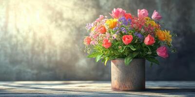 Colorful bouquet of fresh flowers in a rustic pot illuminated by soft sunlight in a serene setting photo
