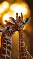 Two giraffes share a tender moment against a golden sunset in a wildlife sanctuary photo