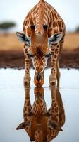 Giraffe drinking water at a serene waterhole during dusk in the African savanna photo