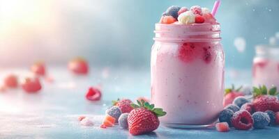 Refreshing berry smoothie in a glass jar with assorted berries scattered on a bright table photo