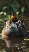 Hippo with a bird resting on its head in a calm river at midday photo