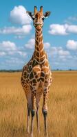 Majestic giraffe stands tall in golden grasslands under a sunny blue sky in a vast wildlife reserve photo
