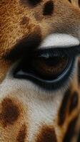 Close-up of a giraffe's eye revealing intricate details and unique patterns at a wildlife reserve in the afternoon sun photo