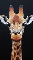 Giraffe portrait displaying vibrant texture and detail against a dark background photo