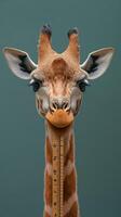 Giraffe poses for a measurement with a ruler in a studio setting against a plain background photo