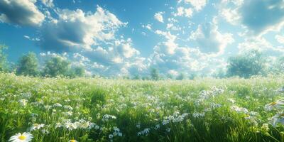 Expansive field of daisies under a bright blue sky with scattered clouds during the afternoon photo