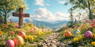 Garden path with colorful eggs and a cross surrounded by vibrant flowers on a sunny day near the mountains photo