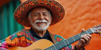 Traditional musician performs with guitar while wearing colorful sombrero and poncho in a vibrant setting photo