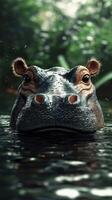 Hippo surfacing in a tranquil river surrounded by lush vegetation during daylight hours photo