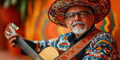 Musician in traditional attire plays guitar with vibrant colors in the background during a festive celebration in a cultural setting photo