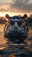 Hippo emerging from the water at sunset, showcasing calm demeanor in a serene natural habitat photo