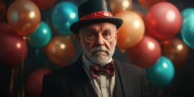Portrait of an elderly man wearing a top hat and bow tie surrounded by colorful balloons at a festive gathering photo
