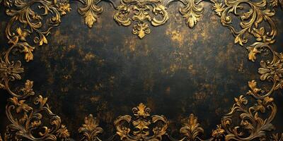 Decorative dark backdrop with ornate gold floral embellishments for design and artistic purposes photo