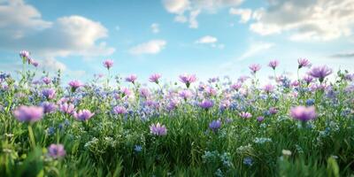 Vibrant wildflowers in a sunny meadow under a clear blue sky during springtime photo