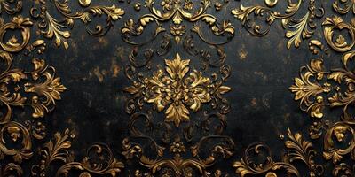 Elegant wall design showcasing intricate golden patterns on a dark surface in an upscale interior setting photo