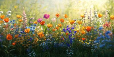 Colorful wildflower meadow in sunlight during spring season near a forest, showcasing a vibrant array of floral beauty and natural serenity photo