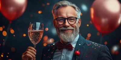Elderly man celebrating with sparkling drink during festive event with balloons and confetti in background photo
