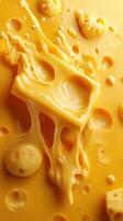 Melted cheese drips from a block and forms pools of gooey texture on a vibrant yellow background photo