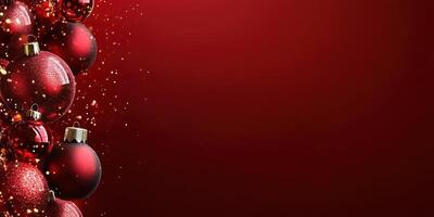 Beautiful red Christmas ornaments shining against a rich red background for festive holiday decor photo