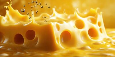 Cheese block splashing in vibrant yellow liquid with droplets in a close-up view photo