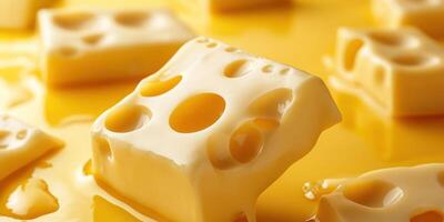 Silky cheese blocks melting on a warm surface with a rich yellow hue and holes creating a textured appearance during a culinary presentation photo
