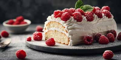 Delicious raspberry cream cake served on a dark stone plate with fresh raspberries and mint leaves photo