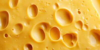Close up of yellow cheese showing holes and texture in a bright light setting photo