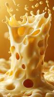 Creamy cheese splash rises dramatically from a container on a vibrant background photo