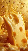 Splash of melted cheese with droplets captured against a golden background in a culinary setting photo