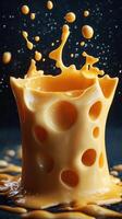 Splashes of melted cheese create an artistic display against a dark background in a creative culinary moment photo