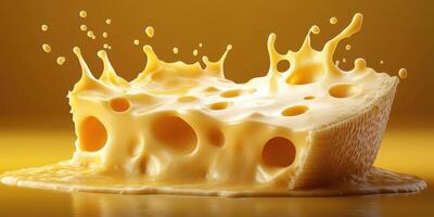Melting cheese with splashes against a vibrant yellow background creates a playful and appetizing visual feast photo