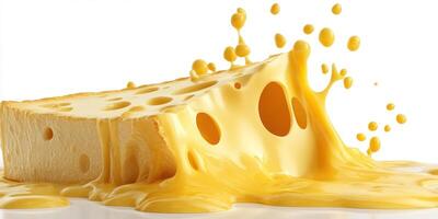 Melted cheese flows off a wedge, creating a creamy and rich texture on a white surface photo