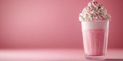 Delicious pink milkshake topped with whipped cream and sprinkles in a glass against a soft pink background photo