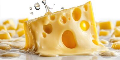 Cheese block splashing with droplets surrounded by diced cheese on a bright surface photo