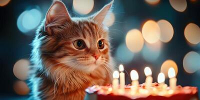 Cat mesmerized by birthday cake candles in a cozy, warmly lit room photo